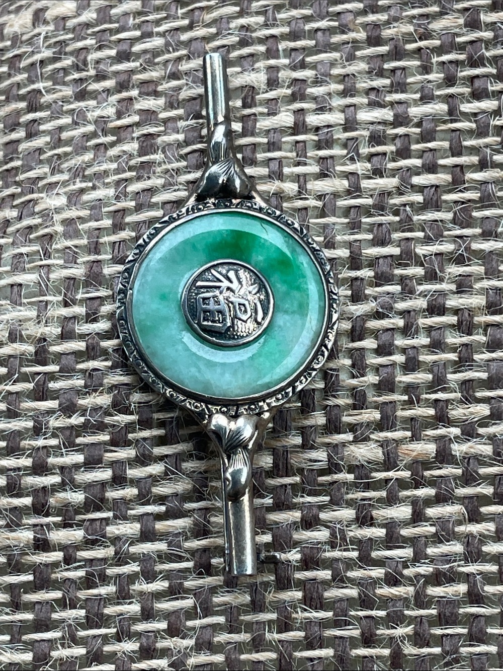 Green Jade and Silver-tone Round Brooch